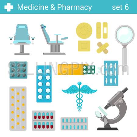 Flat style medical pharmaceutical hospital equipment icon set. Gynecologist seat, tablets pills, patches, microscope, caduceus. Medicine pharmacy collection.