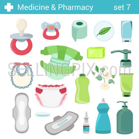 Flat style baby care motherhood nursery icon set. Medicine pharmacy collection.