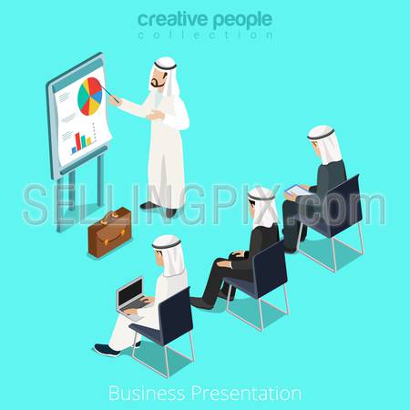 Isometric arabic islamic muslim businessman business presentation training meeting speech report concept vector illustration. Flat 3d isometry style creative people collection.