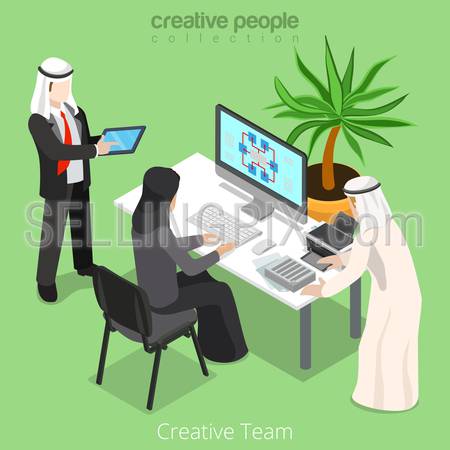Isometric arabic islamic muslim creative team teamwork businessman business office workspace concept vector illustration. Boss and hijab woman. Flat 3d isometry style creative people collection.