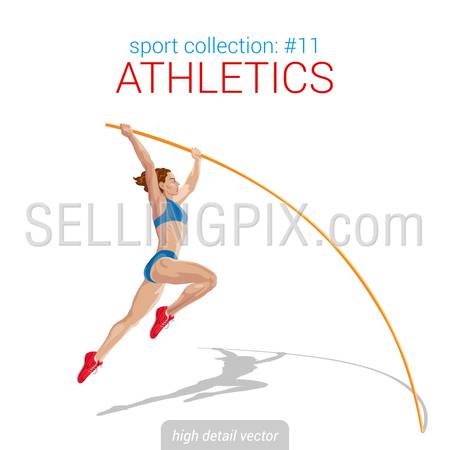 Sportsmen vector collection. Vault jumper female athlete pole jump. Sportsman high detail illustration.