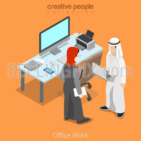 Isometric arabic islamic muslim businessman business office work meeting workplace concept vector illustration. Islam man male and hijab woman female. Flat 3d isometry style creative people collection