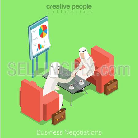Isometric arabic islamic muslim businessman business meeting contract deal handshake negotiations negotiate concept vector illustration. Flat 3d isometry style creative people collection.