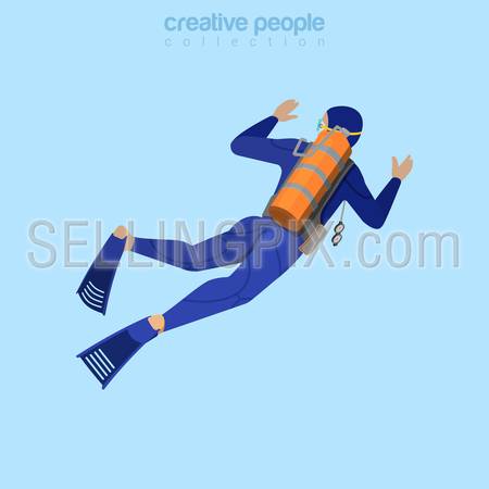 Isometric diver in aqualung back view. Flat 3d isometry style. Creative people collection.
