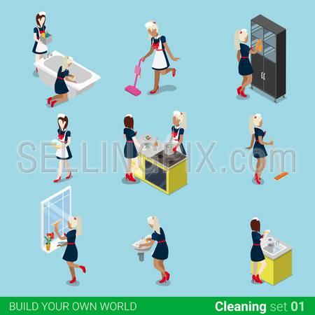 Isometric housemaid maid cleaning work icon set. Flat 3d isometry sexy swarthy blond female maidservant chambermaid cleaner servant web infographics vector illustration. Creative people collection.