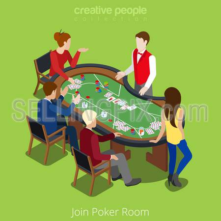 Isometric poker room join concept. Player shuffler card play match stakes. Gamble gambling online casino app application conceptual. Creative people collection.