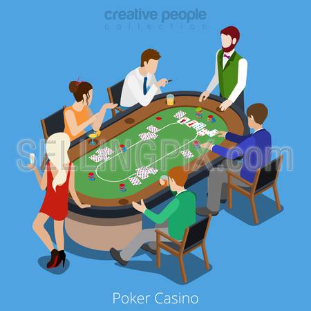 Isometric poker room concept. Player shuffler card play match stakes red dress sexy blond. Gamble gambling online casino app application conceptual. Creative people collection.