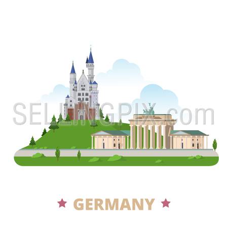 Germany country design template. Flat cartoon style historic sight showplace vector illustration. World travel Europe European collection. Brandenburg Gate Neuschwanstein Castle Schloss New Swanstone.