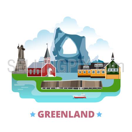 Greenland country template. Flat cartoon style historic vector illustration. World vacation travel sightseeing Europe collection. Iceberg University Nanortalik church Statue Hans Egede Nuuk Cathedral.