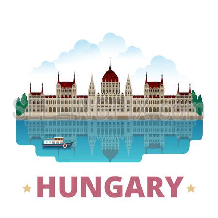 Hungary country magnet design template. Flat cartoon style historic sight showplace web site vector illustration. World vacation travel sightseeing Europe European collection. Kossuth Lajos Square.