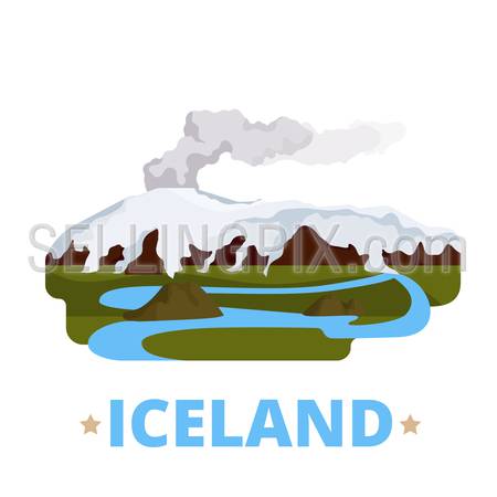 Iceland country magnet design template. Flat cartoon style historic sight showplace web vector illustration. World vacation travel sightseeing Europe European collection. Eyjafjallajokull volcano.