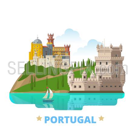Portugal country magnet design template. Flat cartoon style historic sight showplace web vector illustration. World vacation travel sightseeing Europe European collection. Belem Tower Sintra City.