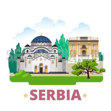 Serbia country design template. Flat cartoon style historic sight showplace web site vector illustration. World travel Europe European collection. Church of Saint Sava Nikola Tesla Museum in Belgrade.