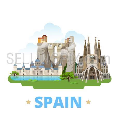 Spain country flat cartoon style historic sight showplace web vector illustration. World travel Europe collection. Ronda Bridge El Escorial Monastery Sagrada Familia Gaudi Basilica Temple Holy Family.