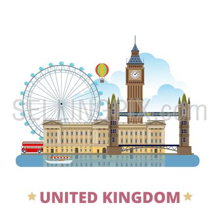 United Kingdom design template. Flat cartoon style historic sight showplace web site vector illustration. World vacation travel Europe collection. Buckingham Palace Big Ban in London Eye Tower Bridge.