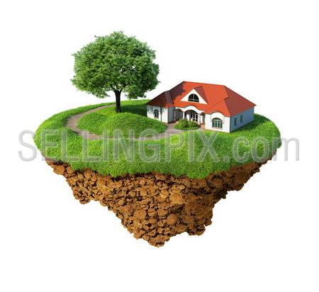Little fine island / planet. A piece of land in the air. Lawn with house and tree. Pathway in the grass. Detailed ground in the base. Concept of success and happiness, idyllic ecological lifestyle.