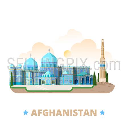 Afghanistan country magnet design template. Flat cartoon style historic sight showplace web vector illustration. World vacation travel sightseeing Asia Asian collection. Blue Mosque Minaret of Jam.