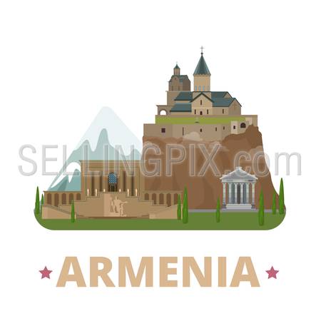 Armenia country design template. Flat cartoon style historic sight web site vector illustration. World vacation travel Asia Asian collection. Matenadaran in Yerevan Geghard Monastery Temple of Garni.