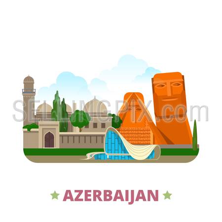 Azerbaijan country Flat cartoon style historic sight showplace web vector illustration. World vacation travel Asia Asian collection. We are our Mountains Palace of Shirvanshahs Heydar Aliyev Center.