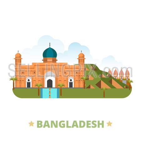 Bangladesh country design template. Flat cartoon style historic sight showplace web site vector illustration. World vacation travel Asia Asian collection. Lalbagh Fort Mahasthangarh Dhakeshwari Temple