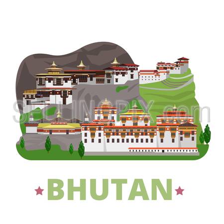 Bhutan country design template. Flat cartoon style historic sight showplace web site vector illustration. World travel Asia collection. Pungthang Dewachen Gi Phodrang Punakha Buddhist Taktshang Goemba