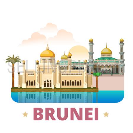 Brunei country design template. Flat cartoon style historic sight web vector illustration. World travel sightseeing Asia Asian collection. Sultan Omar Ali Saifuddin Mosque Jame Asr Hassanil Bolkiah