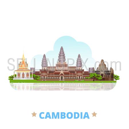 Cambodia country design template. Flat cartoon style historic sight showplace web vector illustration. World vacation travel Asia Asian collection. Bayon Khmer temple Angkor Wat complex Silver Pagoda.