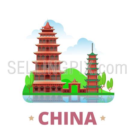 China country fridge magnet whimsical design template. Flat cartoon style historic sight showplace web site vector illustration. World vacation travel sightseeing Asia Asian collection. Mogao Caves.