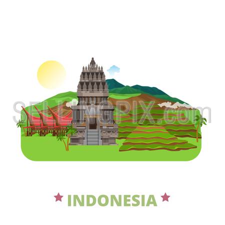Indonesia country design template. Flat cartoon style historic sight showplace web site vector illustration. World travel sightseeing Asia collection. Prambanan Hindu, Ubud, Toraja Land, Mount Bromo.
