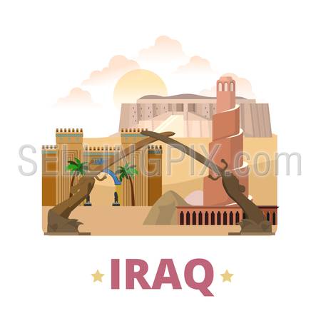 Iraq country design template. Flat cartoon style historic showplace web site vector illustration. World travel Asia Asian collection. Mudhafaria Minaret Great Ziggurat Ur National Museum Victory Arch.