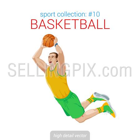 Sportsmen vector collection. Basketball player slam dunk jam jump. Sportsman high detail illustration.