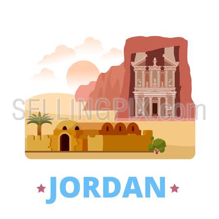 Jordan country fridge magnet design template. Flat cartoon style historic sight showplace web site vector illustration. World vacation travel sightseeing Asia Asian collection. Petra Qasr Amra.