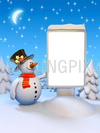 Funny snowman standing by the blank citylight. Beautiful snowy forest, moon and starry winter sky. Copyspace to place your greetings text, logo or photo.