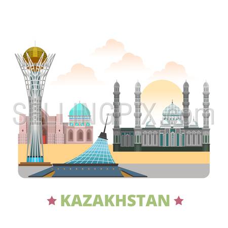 Kazakhstan country design template. Flat cartoon style historic sight vector illustration. World travel Asia collection. Bayterek Hazrat Sultan Mosque Khan Shatyr Entertainment Center Turkestan City.