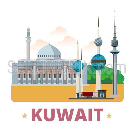 Kuwait country design template. Flat cartoon style historic showplace web site vector illustration. World vacation travel sightseeing Asia Asian collection. Grand Mosque Liberation Tower Kuwait Towers
