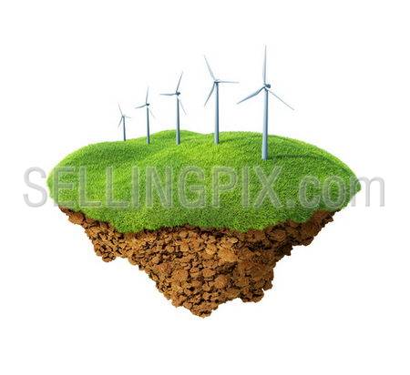 Little fine island / planet. A piece of land in the air. Wind power station mills on the lawn. Detailed ground in the base. Concept idyllic ecological lifestyle, modern enegry consumption.
