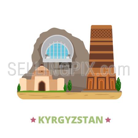Kyrgyzstan country design template. Flat cartoon style historic place web site vector illustration. World vacation travel sightseeing Asia Asian collection. Sulayman Mountain Tash Rabat Burana Tower.