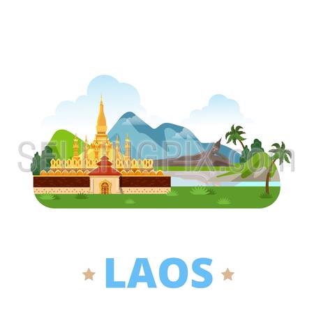 Laos country magnet design template. Flat cartoon style historic sight showplace web site vector illustration. World vacation travel sightseeing Asia Asian collection. Buddha Park Pha That Luang.