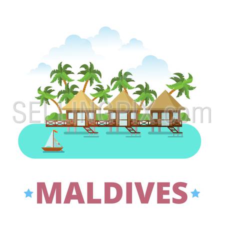 Maldives country badge fridge magnet design template. Flat cartoon style historic sight showplace web site vector illustration. World vacation travel sightseeing Asia Asian collection. Hotels on Water