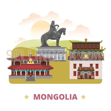 Mongolia country flat cartoon style historic sight web vector illustration. World travel sightseeing Asia. Amarbayasgalant Buddhist Monastery Gandantegchinlen Monastery Genghis Khan Equestrian Statue