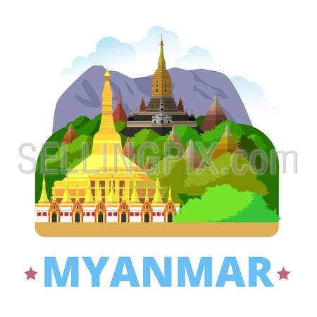 Myanmar country badge fridge magnet whimsical design template. Flat cartoon style historic sight showplace web site vector illustration. World vacation travel sightseeing Asia Asian collection.
