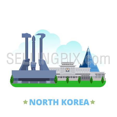 North Korea country badge fridge magnet whimsical design template. Flat cartoon style historic sight showplace web site vector illustration. World vacation travel sightseeing Asia Asian collection.