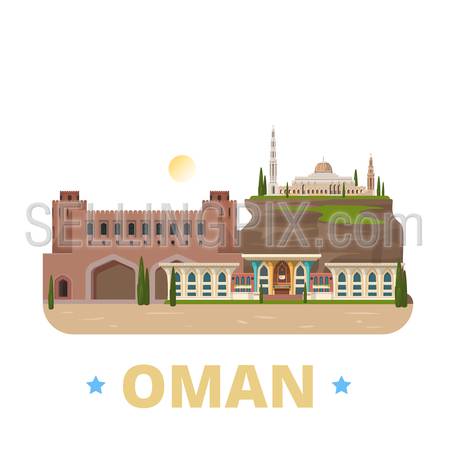 Oman country badge fridge magnet whimsical design template. Flat cartoon style historic sight showplace web site vector illustration. World vacation travel sightseeing Asia Asian collection.