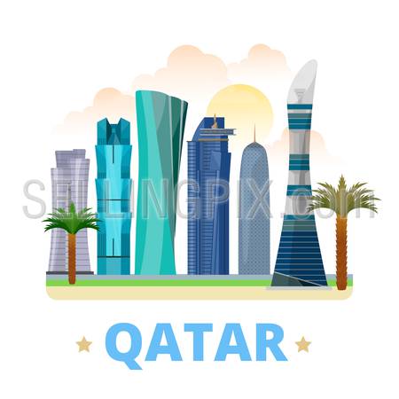 Qatar country badge fridge magnet whimsical design template. Flat cartoon style historic sight showplace web site vector illustration. World vacation travel sightseeing Asia Asian collection.