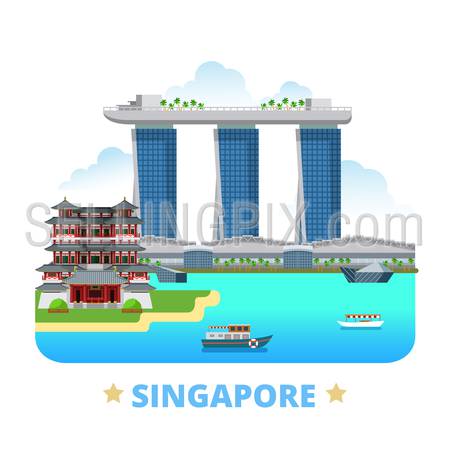 Singapore country badge fridge magnet whimsical design template. Flat cartoon style historic sight showplace web site vector illustration. World vacation travel sightseeing Asia Asian collection.