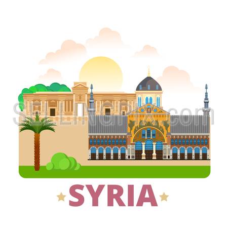 Syria country badge fridge magnet whimsical design template. Flat cartoon style historic sight showplace web site vector illustration. World vacation travel sightseeing Asia Asian collection.