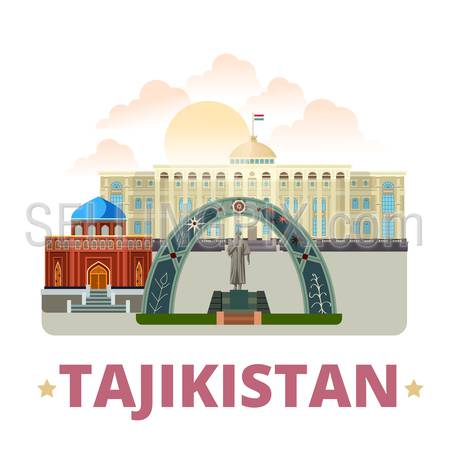 Tajikistan country badge fridge magnet whimsical design template. Flat cartoon style historic sight showplace web site vector illustration. World vacation travel sightseeing Asia Asian collection.