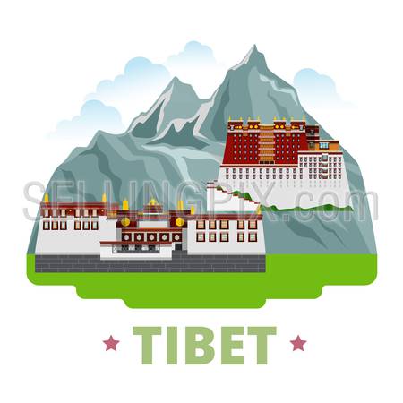Tibet country badge fridge magnet whimsical design template. Flat cartoon style historic sight showplace web site vector illustration. World vacation travel sightseeing Asia Asian collection.