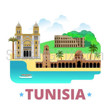 Tunisia country badge fridge magnet whimsical design template. Flat cartoon style historic sight showplace web site vector illustration. World vacation travel sightseeing Asia Asian collection.