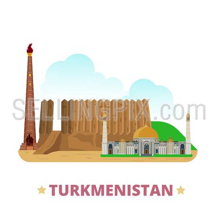 Turkmenistan country badge fridge magnet whimsical design template. Flat cartoon style historic sight showplace web site vector illustration. World vacation travel sightseeing Asia Asian collection.